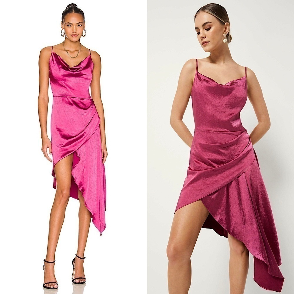 NWT ELLIATT 70s Satin Cowl Neck Sleeveless Asymmetrical Wrap Hem Draped Dress S